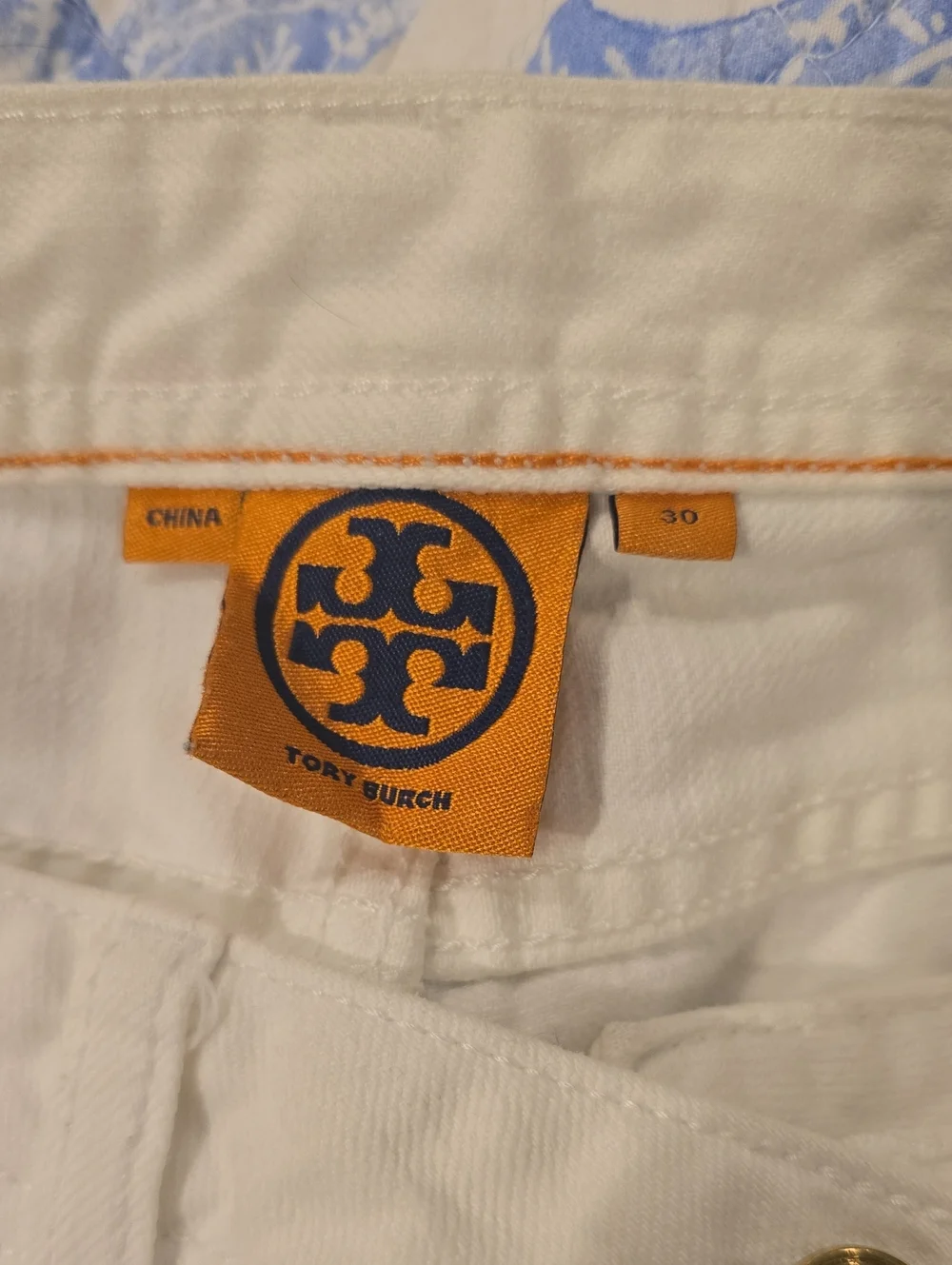 Tory Burch White Boot Cut Jeans with Orange Logo Tag